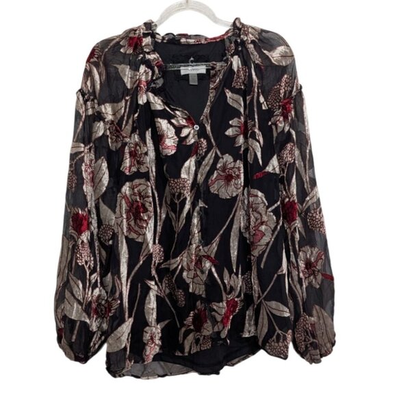 Cupio Velvet Burnout Floral Shirt Womens Size Small Black Ruffle Trim Button Up - Picture 1 of 12